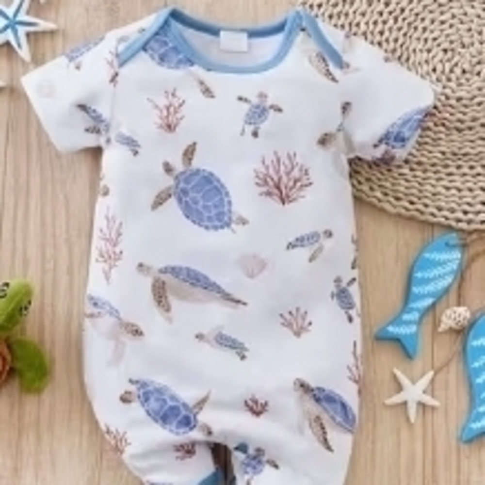 Baby One-Piece Romper - Sea Turtle Print in White & Blue